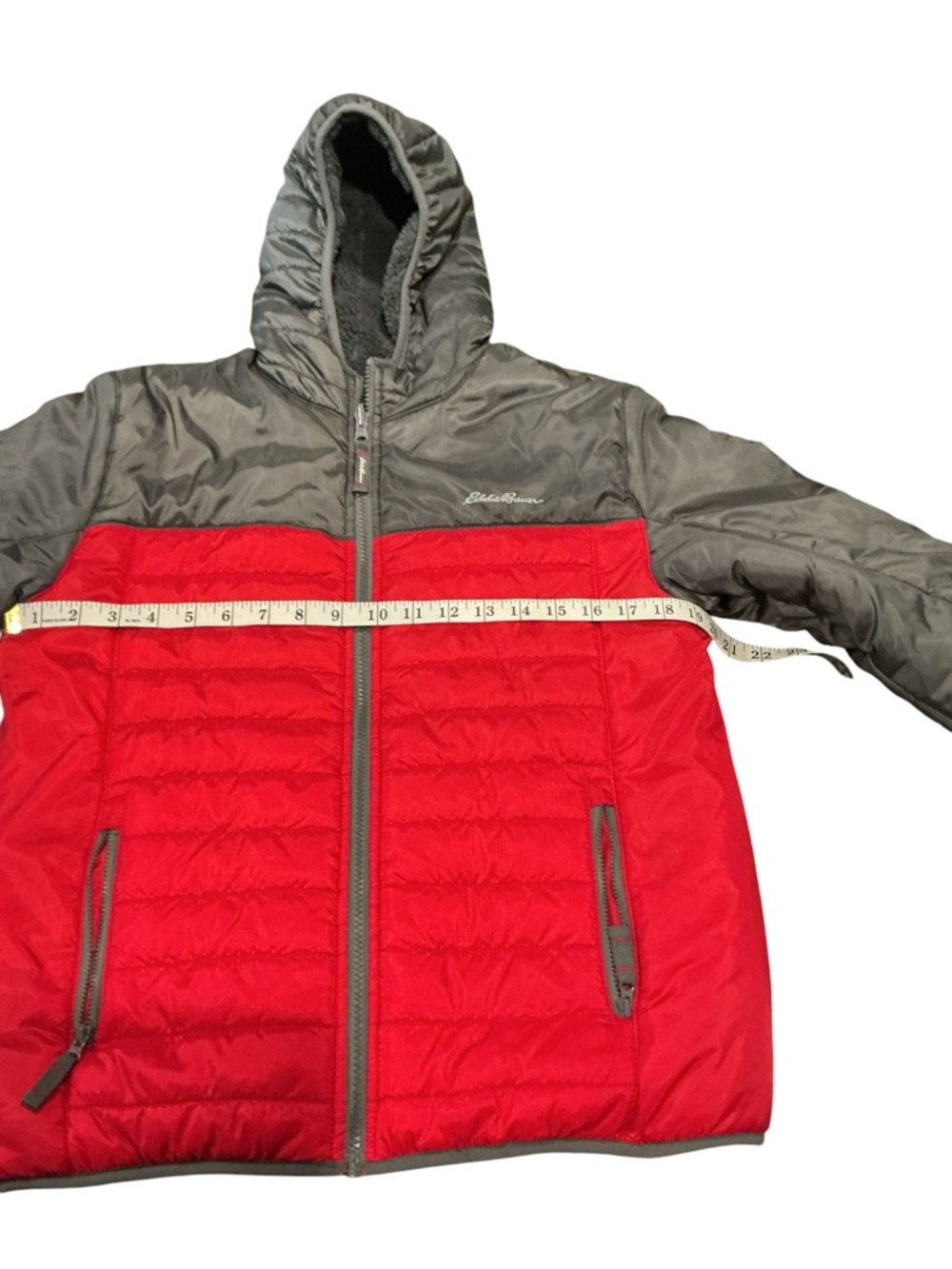 Eddie Bauer Kids Puffer Jacket Size L 14/16 Red Gray Hooded Warm Winter Coat - Picture 3 of 8